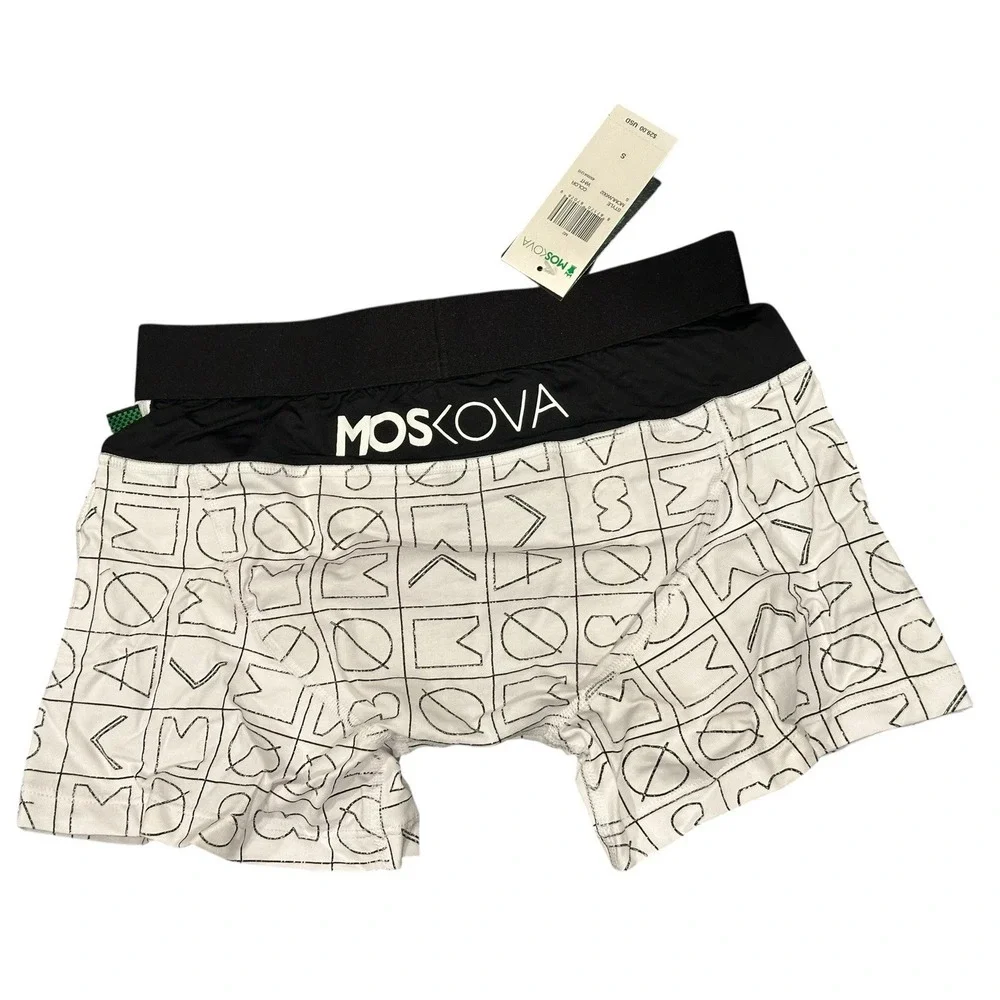 Moskova Mens Boxer Briefs White w Black Geometric Print Athletic Underwear‎ S